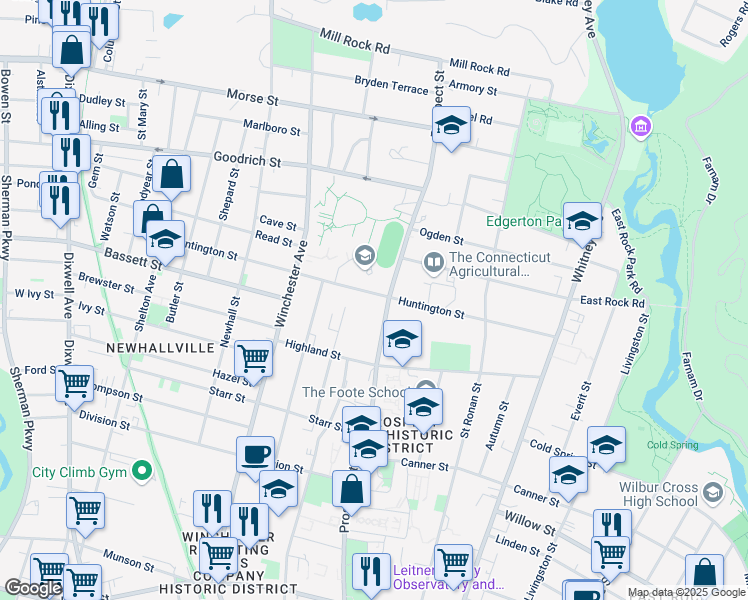 map of restaurants, bars, coffee shops, grocery stores, and more near 226 Huntington Street in New Haven