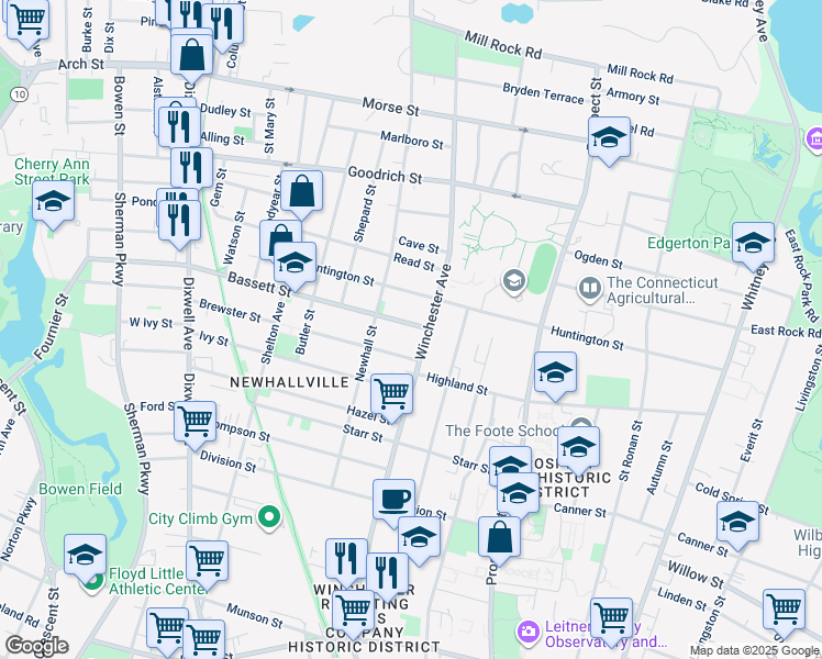 map of restaurants, bars, coffee shops, grocery stores, and more near 29 Bassett Street in New Haven