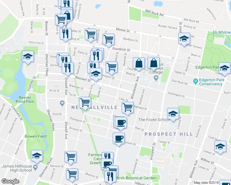 map of restaurants, bars, coffee shops, grocery stores, and more near 60 Bassett Street in New Haven