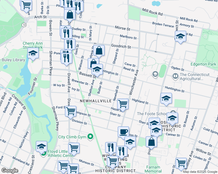 map of restaurants, bars, coffee shops, grocery stores, and more near 102 Bassett Street in New Haven