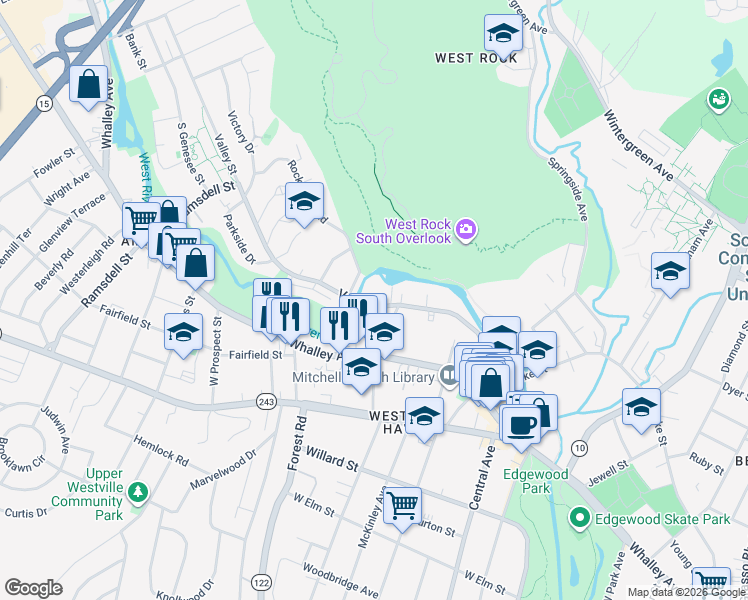 map of restaurants, bars, coffee shops, grocery stores, and more near 177 Valley Street in New Haven