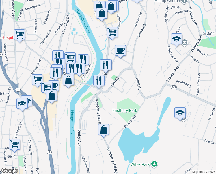 map of restaurants, bars, coffee shops, grocery stores, and more near 48 Elm Street in Ansonia