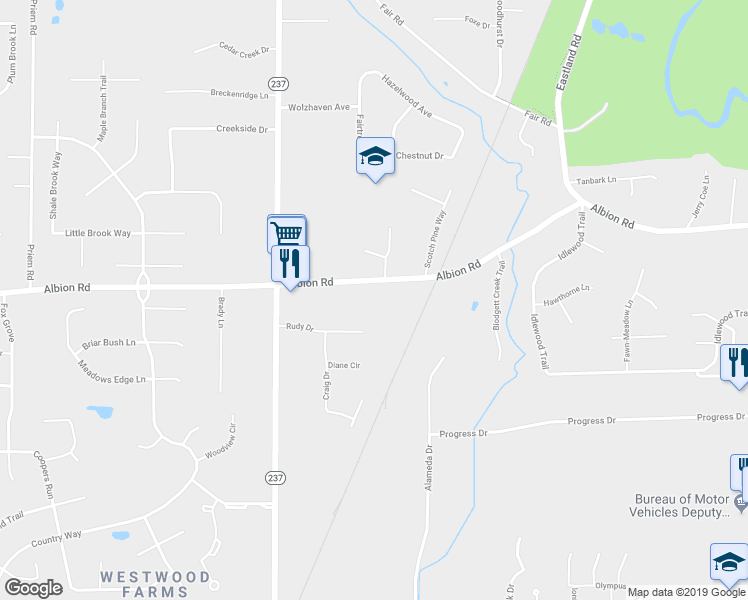 map of restaurants, bars, coffee shops, grocery stores, and more near 20595 Albion Road in Strongsville