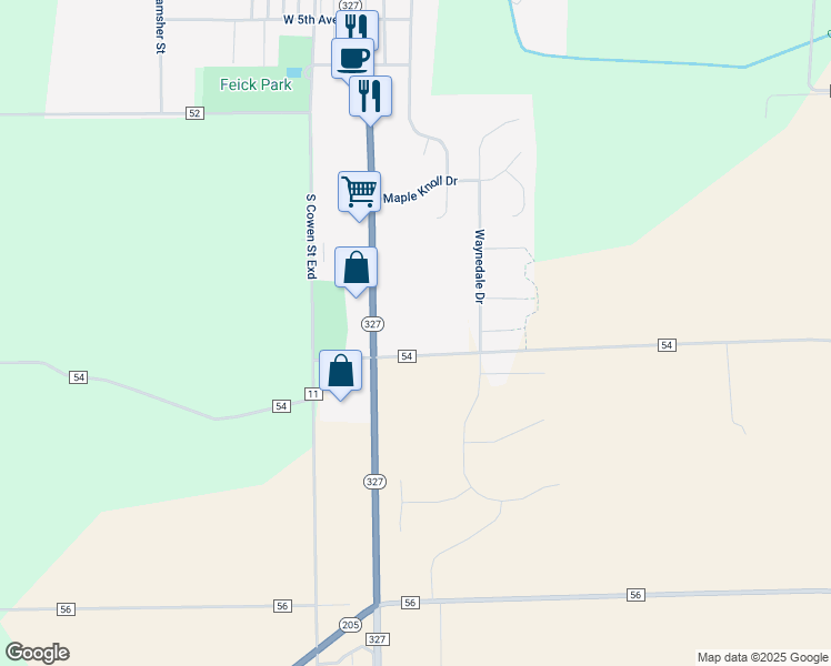 map of restaurants, bars, coffee shops, grocery stores, and more near 1301-1355 County Road 54 in Garrett