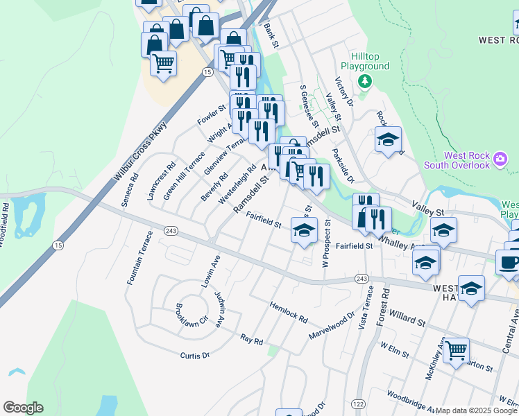 map of restaurants, bars, coffee shops, grocery stores, and more near 101 Ramsdell Street in New Haven
