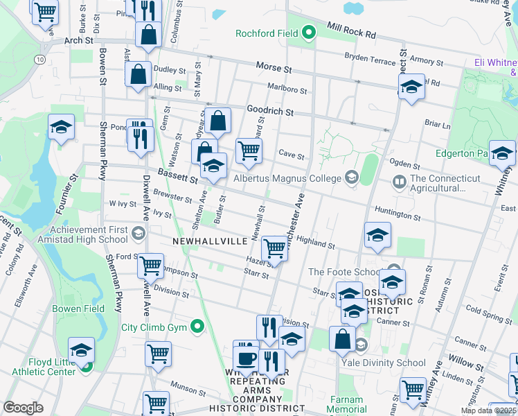 map of restaurants, bars, coffee shops, grocery stores, and more near 250 Newhall Street in New Haven