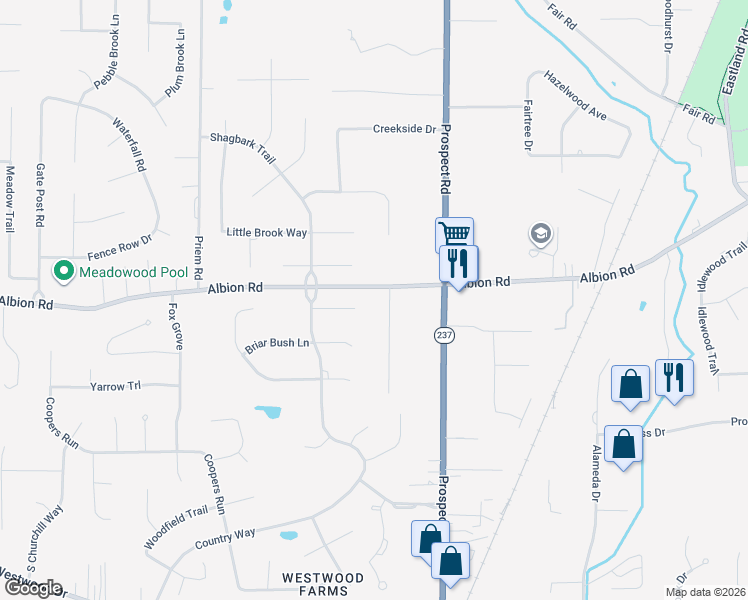 map of restaurants, bars, coffee shops, grocery stores, and more near 21299 Albion Road in Strongsville