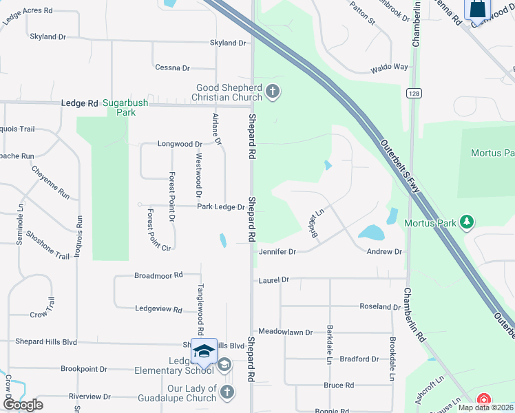 map of restaurants, bars, coffee shops, grocery stores, and more near 9411 Shepard Road in Macedonia