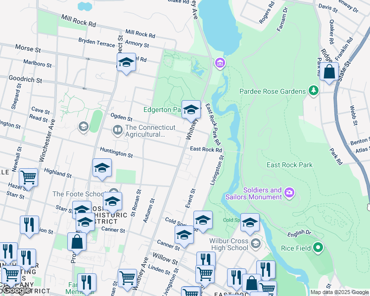 map of restaurants, bars, coffee shops, grocery stores, and more near Whitney Avenue & East Rock Road in New Haven