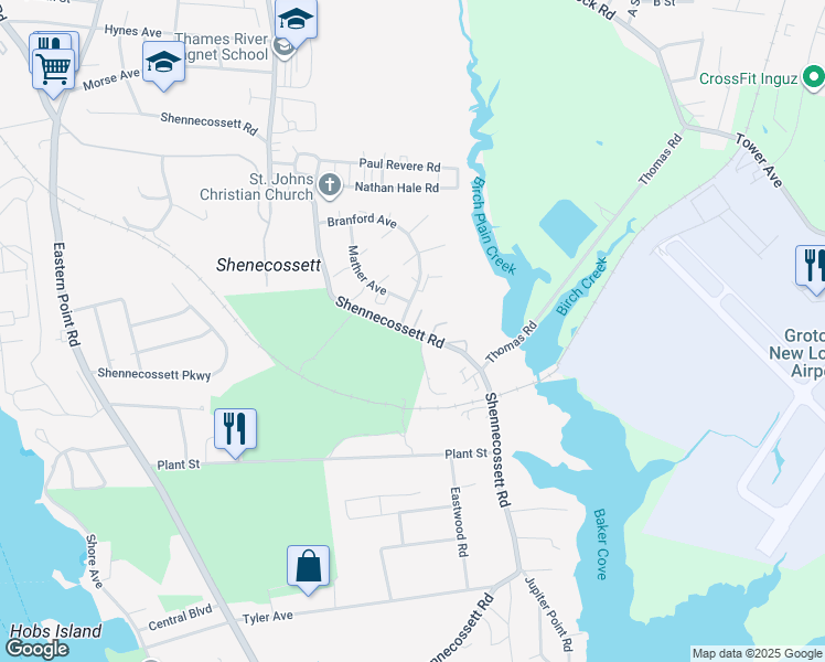 map of restaurants, bars, coffee shops, grocery stores, and more near 552 Shennecossett Road in Groton
