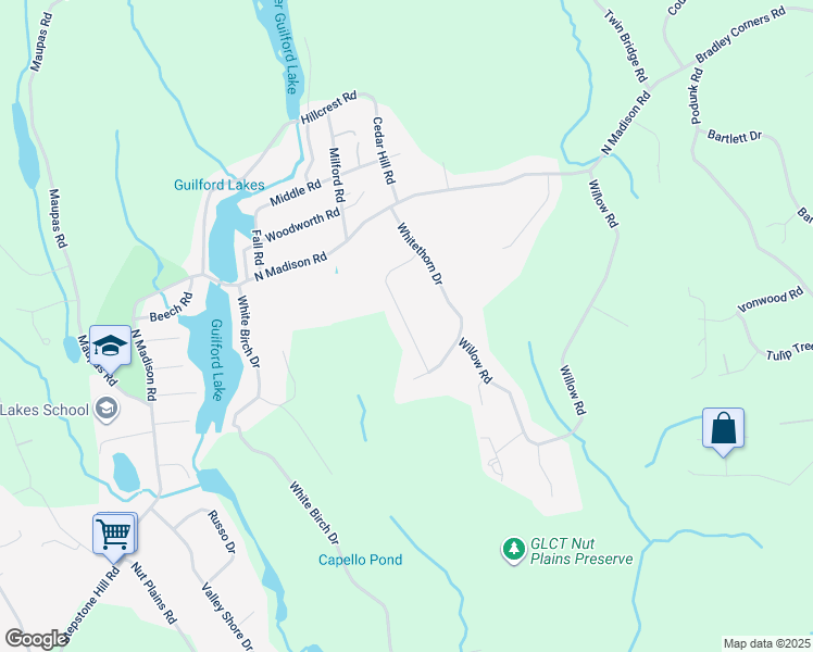 map of restaurants, bars, coffee shops, grocery stores, and more near 152 Hawthorn Road in Guilford