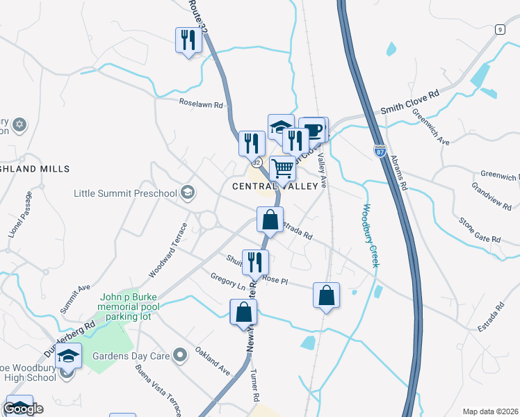 map of restaurants, bars, coffee shops, grocery stores, and more near 8 Arrao Place in Woodbury