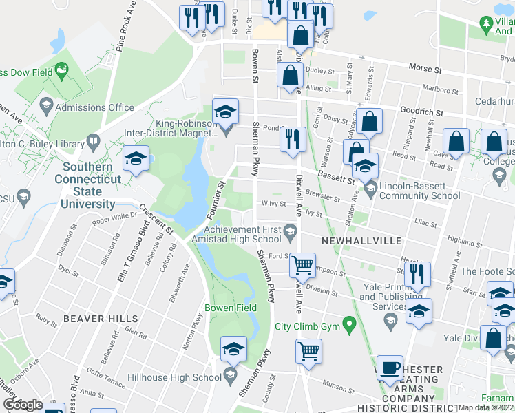 map of restaurants, bars, coffee shops, grocery stores, and more near 281 West Ivy Street in New Haven