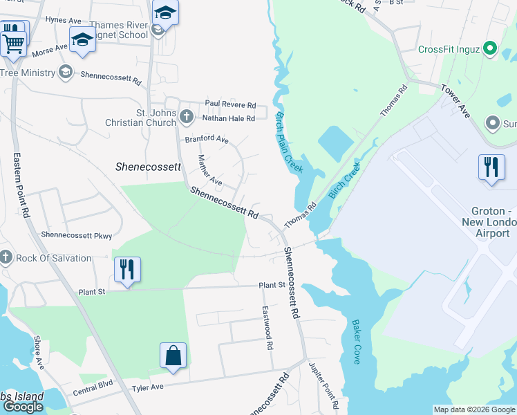 map of restaurants, bars, coffee shops, grocery stores, and more near 544 Shennecossett Road in Groton