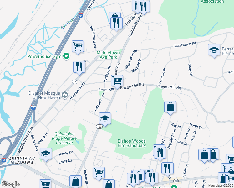map of restaurants, bars, coffee shops, grocery stores, and more near 220 Foxon Hill Road in New Haven
