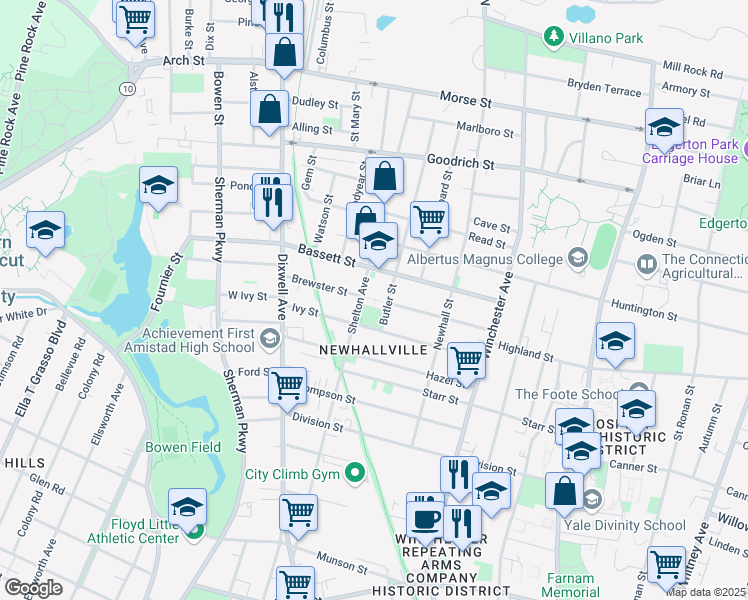 map of restaurants, bars, coffee shops, grocery stores, and more near 130 Bassett Street in New Haven