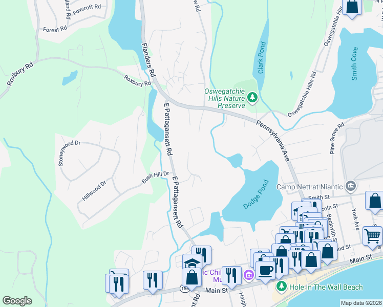 map of restaurants, bars, coffee shops, grocery stores, and more near 99 East Pattagansett Road in Niantic