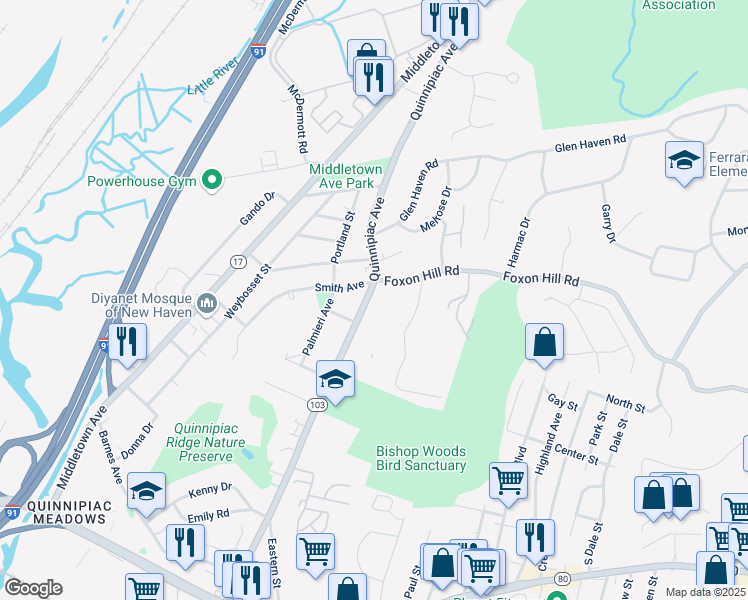 map of restaurants, bars, coffee shops, grocery stores, and more near 220 Foxon Hill Road in New Haven