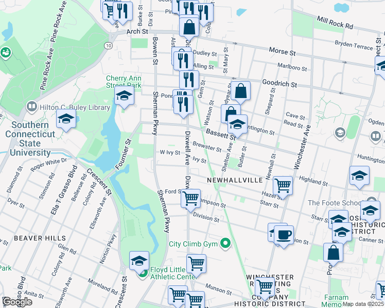 map of restaurants, bars, coffee shops, grocery stores, and more near 64 Brewster Street in New Haven