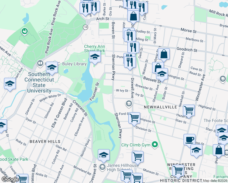 map of restaurants, bars, coffee shops, grocery stores, and more near 281 West Ivy Street in New Haven
