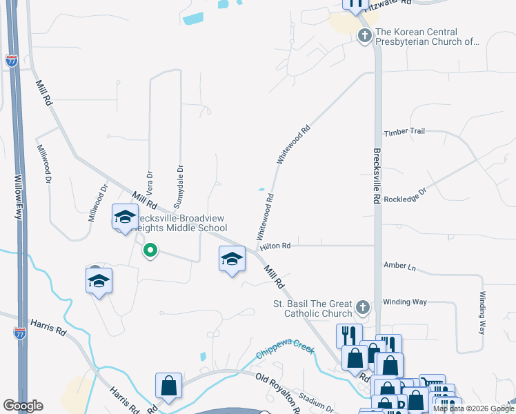 map of restaurants, bars, coffee shops, grocery stores, and more near 8504 Whitewood Road in Brecksville