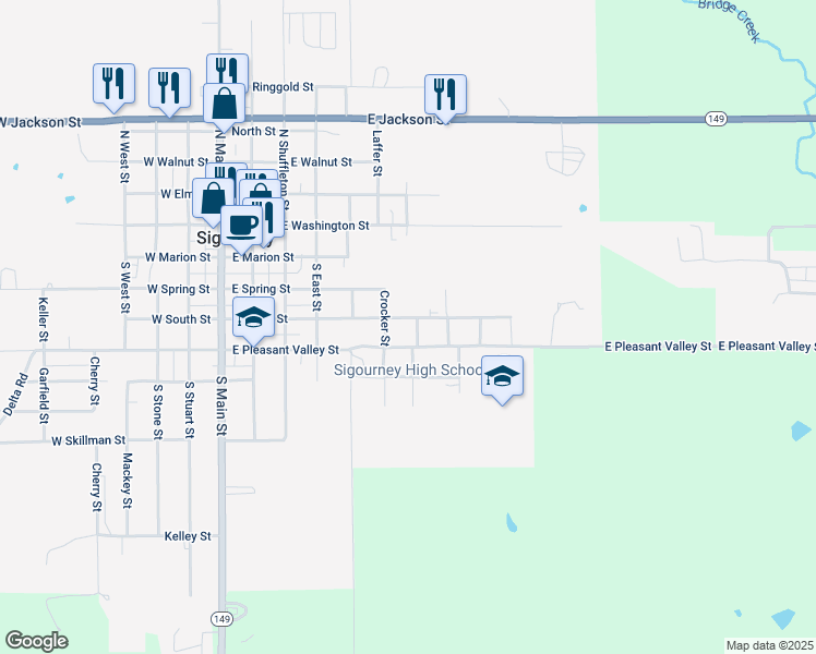 map of restaurants, bars, coffee shops, grocery stores, and more near 600-698 East South Street in Sigourney