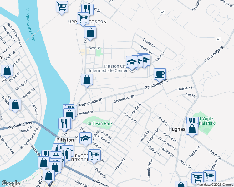 map of restaurants, bars, coffee shops, grocery stores, and more near 224 Parsonage Street in Pittston
