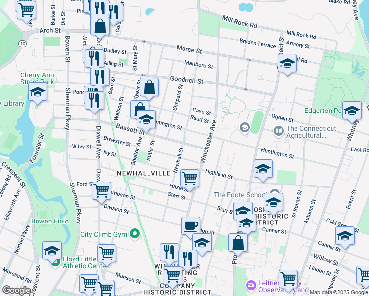 map of restaurants, bars, coffee shops, grocery stores, and more near 255 Newhall Street in New Haven