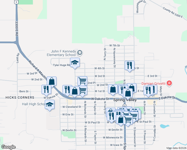 map of restaurants, bars, coffee shops, grocery stores, and more near 400 West 3rd Street in Spring Valley