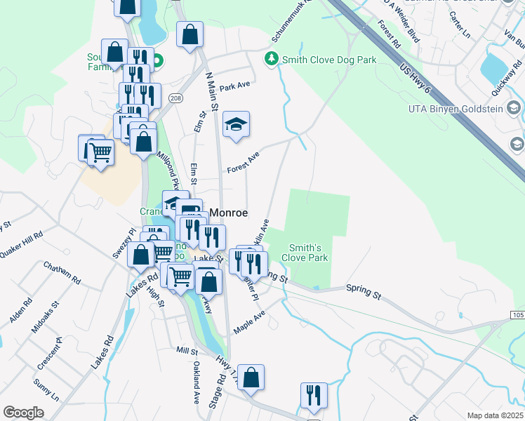 map of restaurants, bars, coffee shops, grocery stores, and more near 100 Brooks Avenue in Monroe