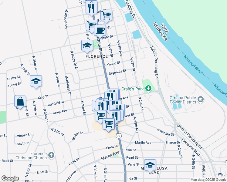 map of restaurants, bars, coffee shops, grocery stores, and more near 2956 Sheffield Street in Omaha