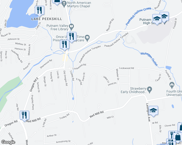 map of restaurants, bars, coffee shops, grocery stores, and more near 30 East Hill Road in Cortlandt