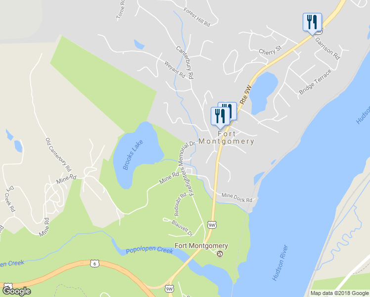 map of restaurants, bars, coffee shops, grocery stores, and more near 96 Firefighters Memorial Drive in Fort Montgomery