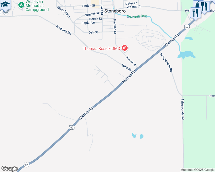map of restaurants, bars, coffee shops, grocery stores, and more near 11 Jones Street in Stoneboro