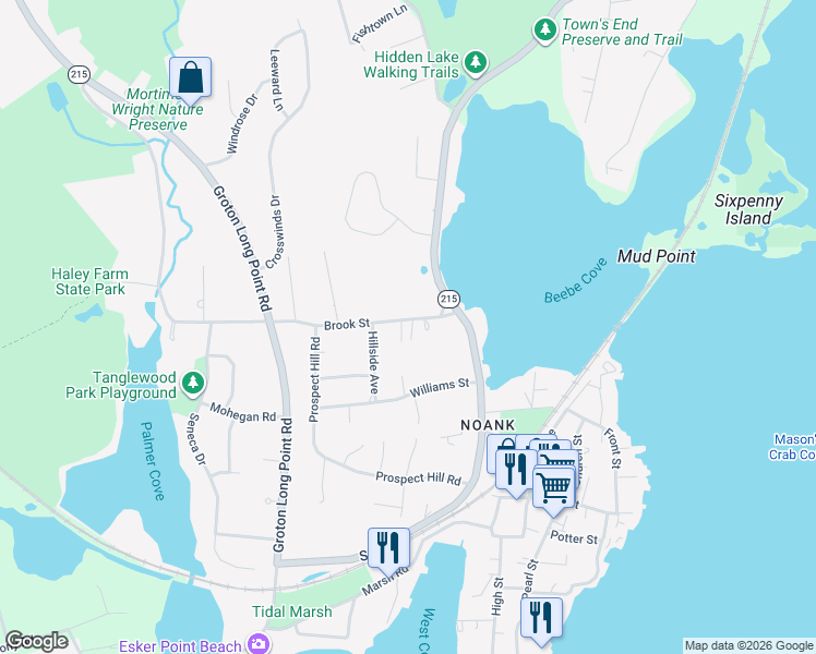 map of restaurants, bars, coffee shops, grocery stores, and more near 43 Brook Street in Groton
