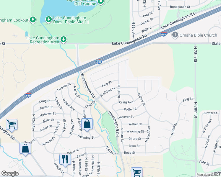 map of restaurants, bars, coffee shops, grocery stores, and more near 8522 Sheffield Street in Omaha