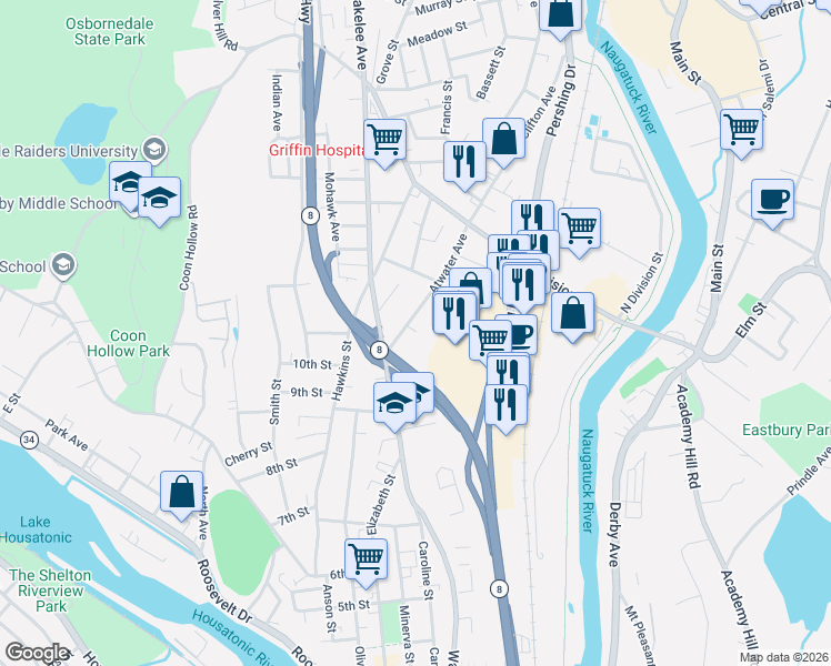 map of restaurants, bars, coffee shops, grocery stores, and more near 49 Atwater Avenue in Derby