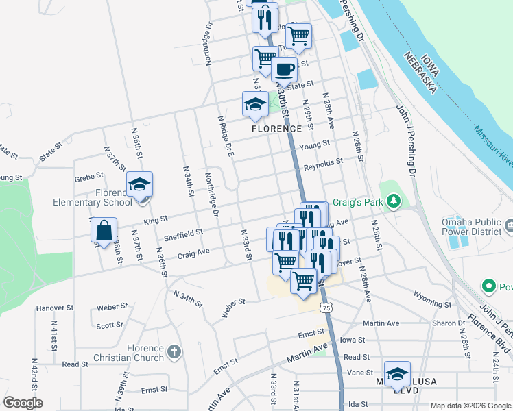 map of restaurants, bars, coffee shops, grocery stores, and more near 3131 King Street in Omaha