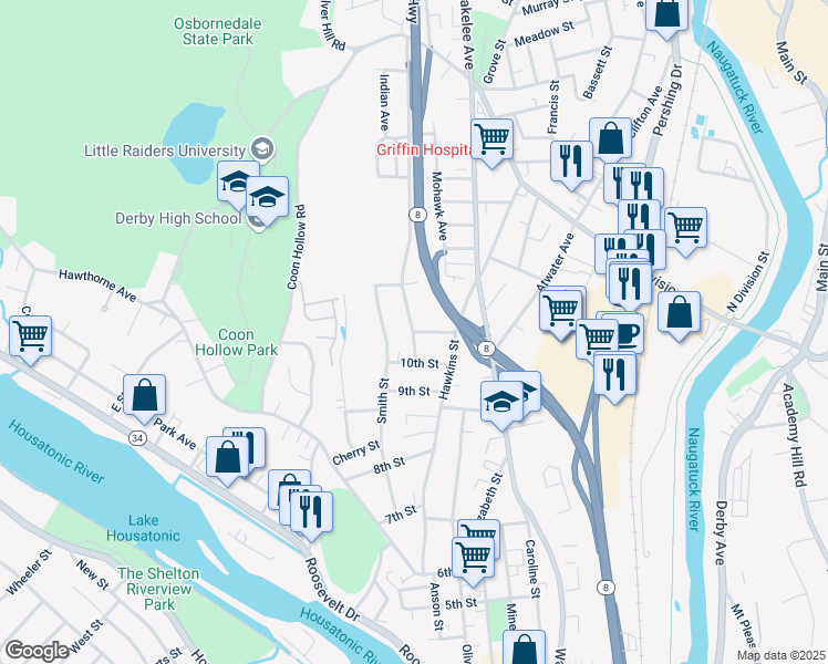 map of restaurants, bars, coffee shops, grocery stores, and more near 30 Emmett Avenue in Derby