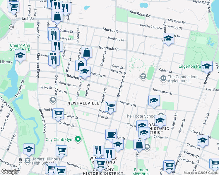 map of restaurants, bars, coffee shops, grocery stores, and more near 29 Bassett Street in New Haven