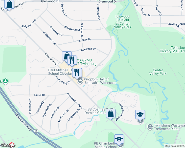 map of restaurants, bars, coffee shops, grocery stores, and more near 9601 East Idlewood Drive in Twinsburg