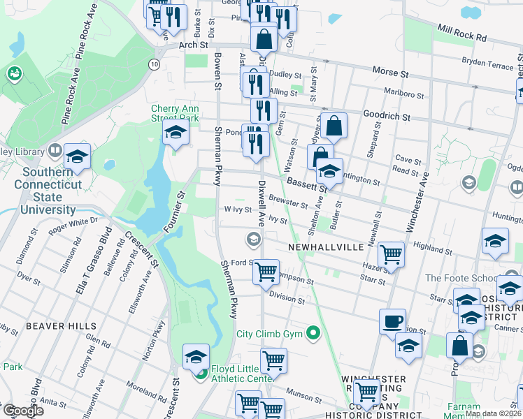 map of restaurants, bars, coffee shops, grocery stores, and more near 64 Brewster Street in New Haven