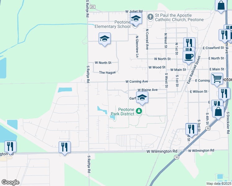 map of restaurants, bars, coffee shops, grocery stores, and more near 300 Van Gogh Court in Peotone