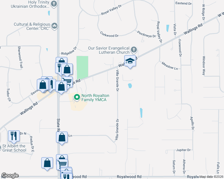 map of restaurants, bars, coffee shops, grocery stores, and more near 11260 Villa Grande Drive in North Royalton