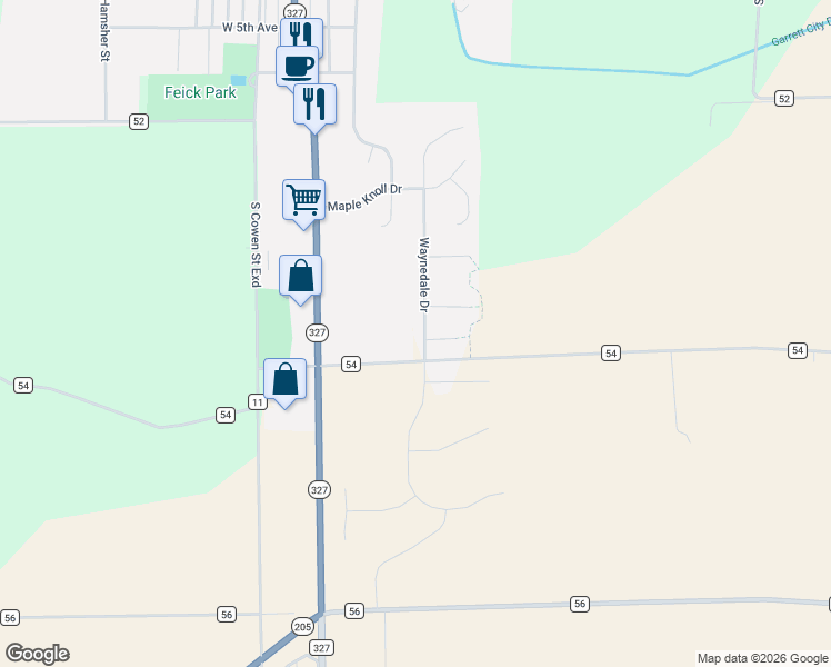 map of restaurants, bars, coffee shops, grocery stores, and more near 1706 Waynedale Drive in Garrett