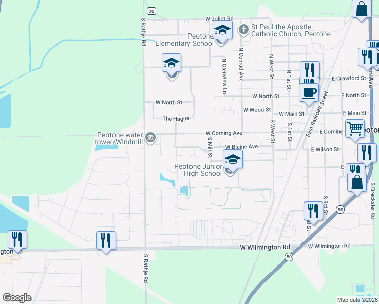 map of restaurants, bars, coffee shops, grocery stores, and more near 300 Van Gogh Court in Peotone