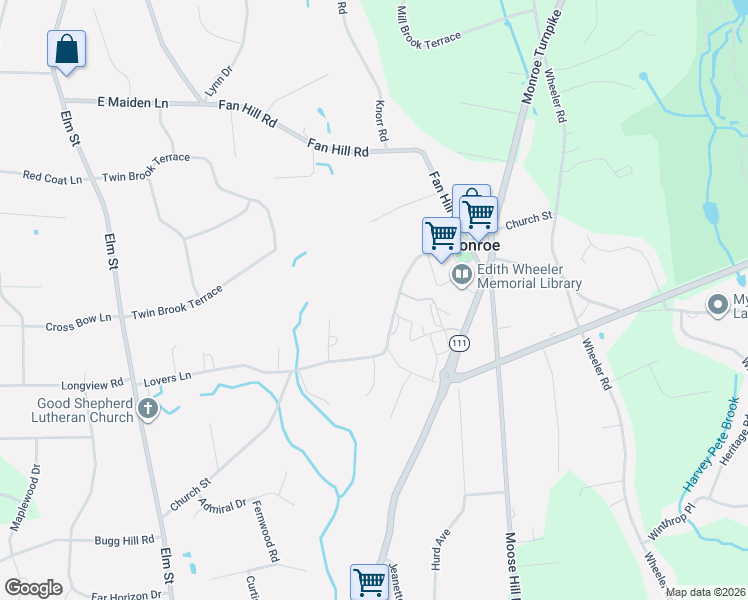 map of restaurants, bars, coffee shops, grocery stores, and more near 88 Church Street in Monroe