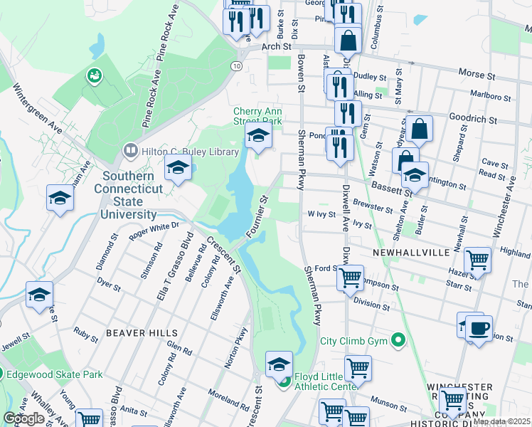 map of restaurants, bars, coffee shops, grocery stores, and more near 81 Fournier Street in New Haven