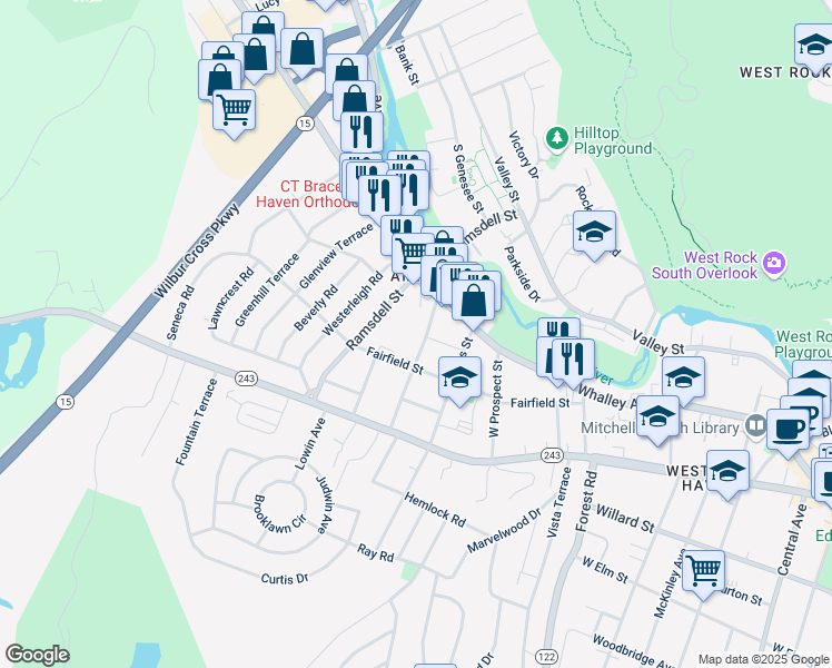 map of restaurants, bars, coffee shops, grocery stores, and more near 84 Anthony Street in New Haven