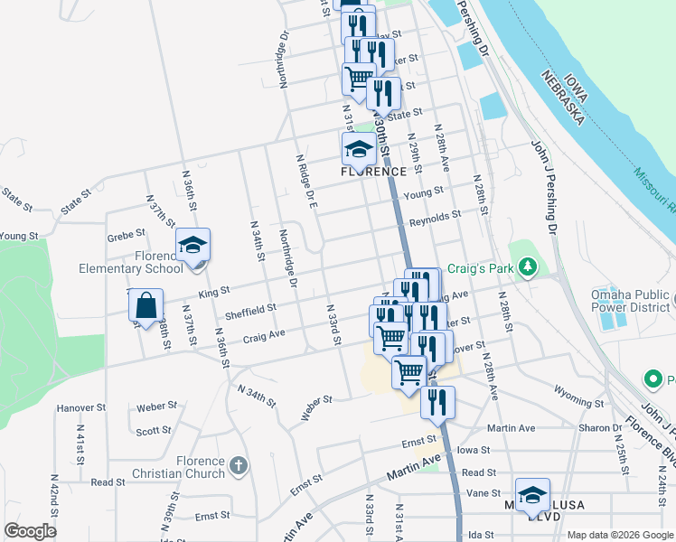 map of restaurants, bars, coffee shops, grocery stores, and more near 3131 King Street in Omaha